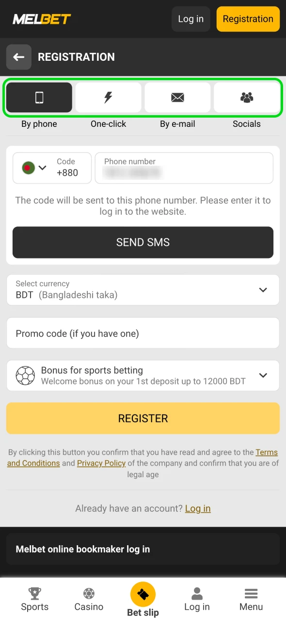 Choose one of the ways to register that Melbet offers.