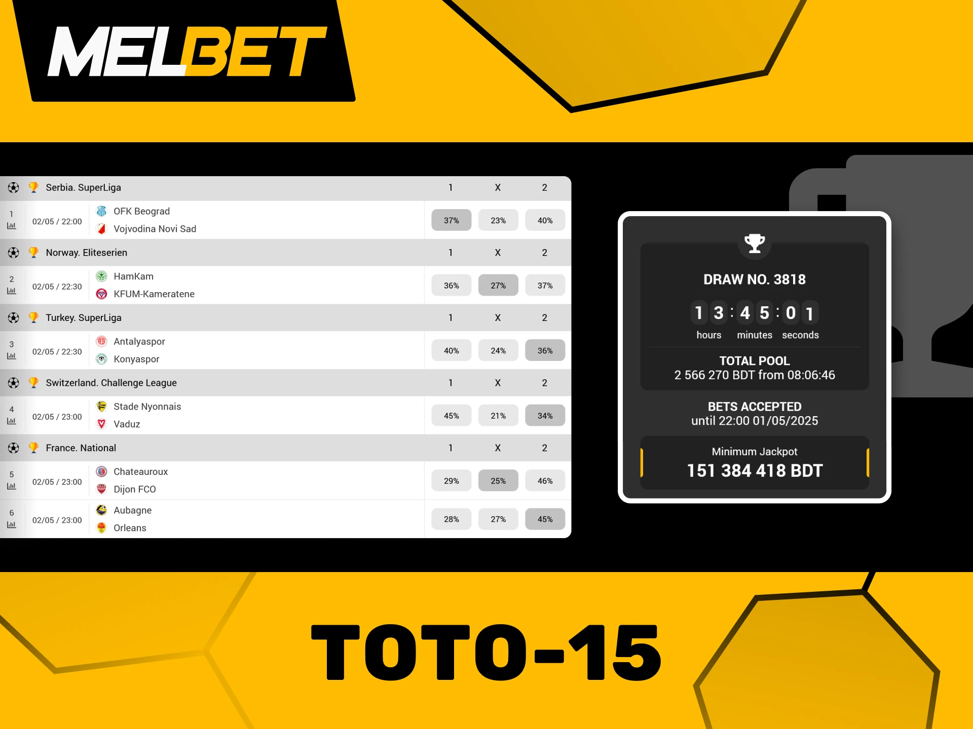 Guess the outcomes of major sporting events worldwide with Toto-15.