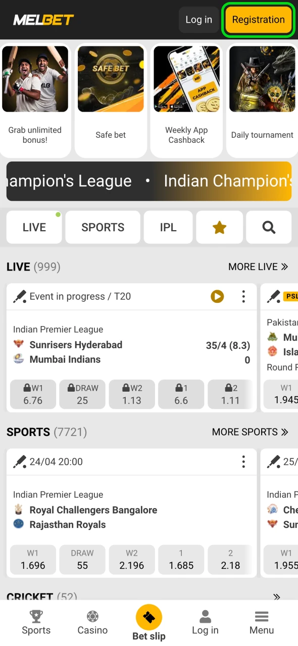 Look for the gold Melbet registration button.