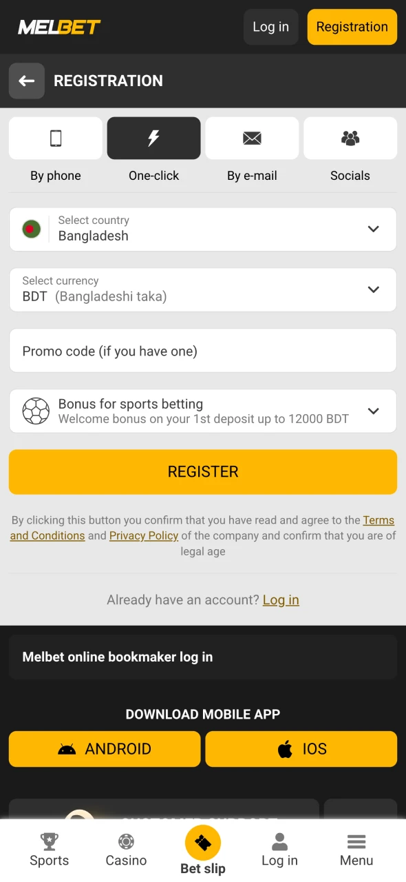 Initiate a Melbet registration process.