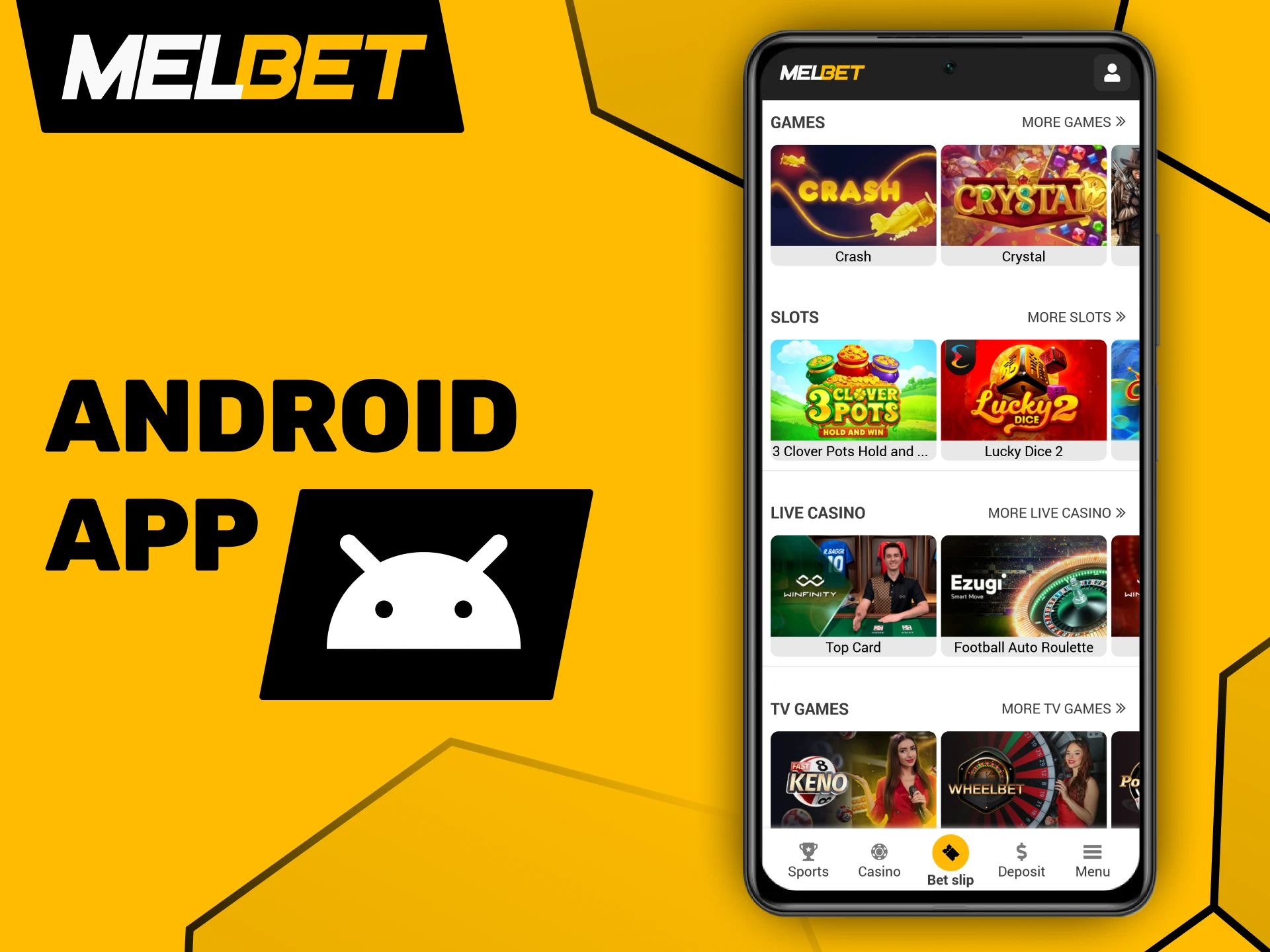 Install the Melbet app on your Android phone to enjoy gambling on the go.