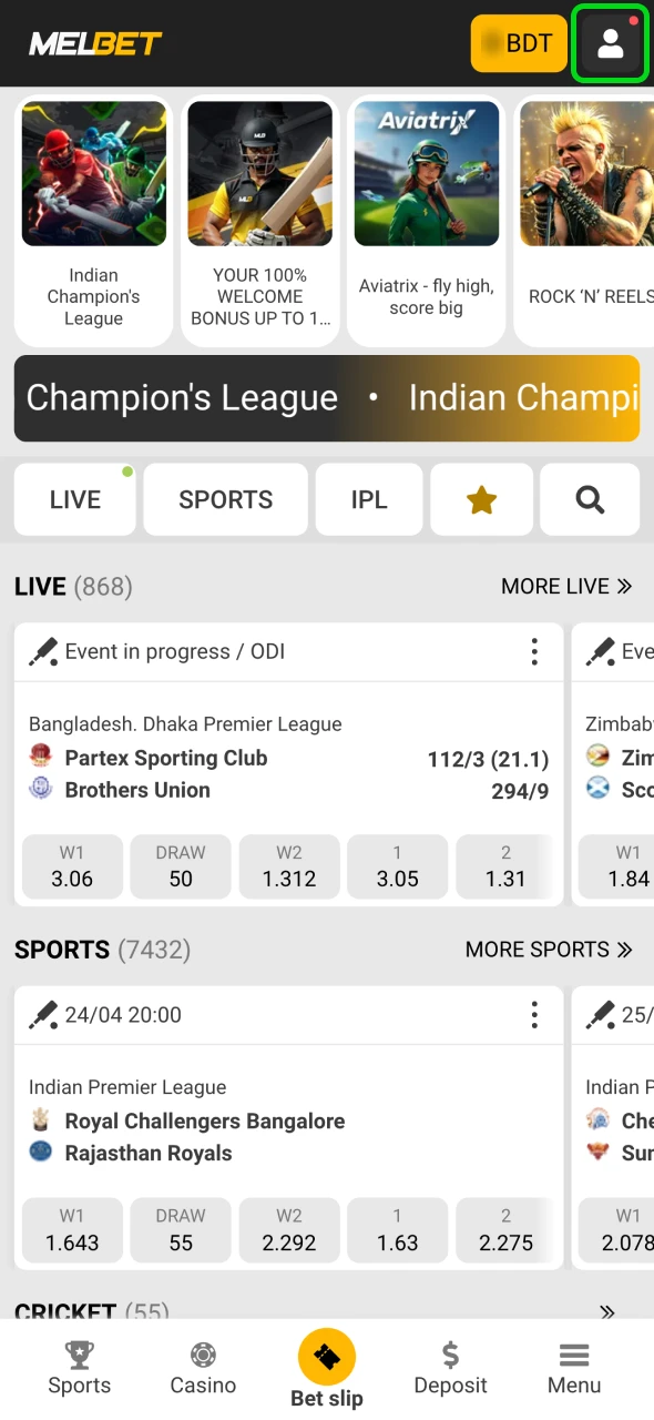 Open your Melbet personal profile settings.