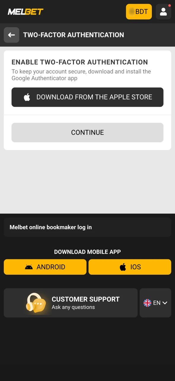 Enable Melbet two-factor authentication in the account settings.