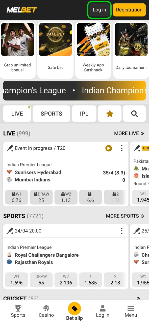 Start the login process at Melbet official platform.