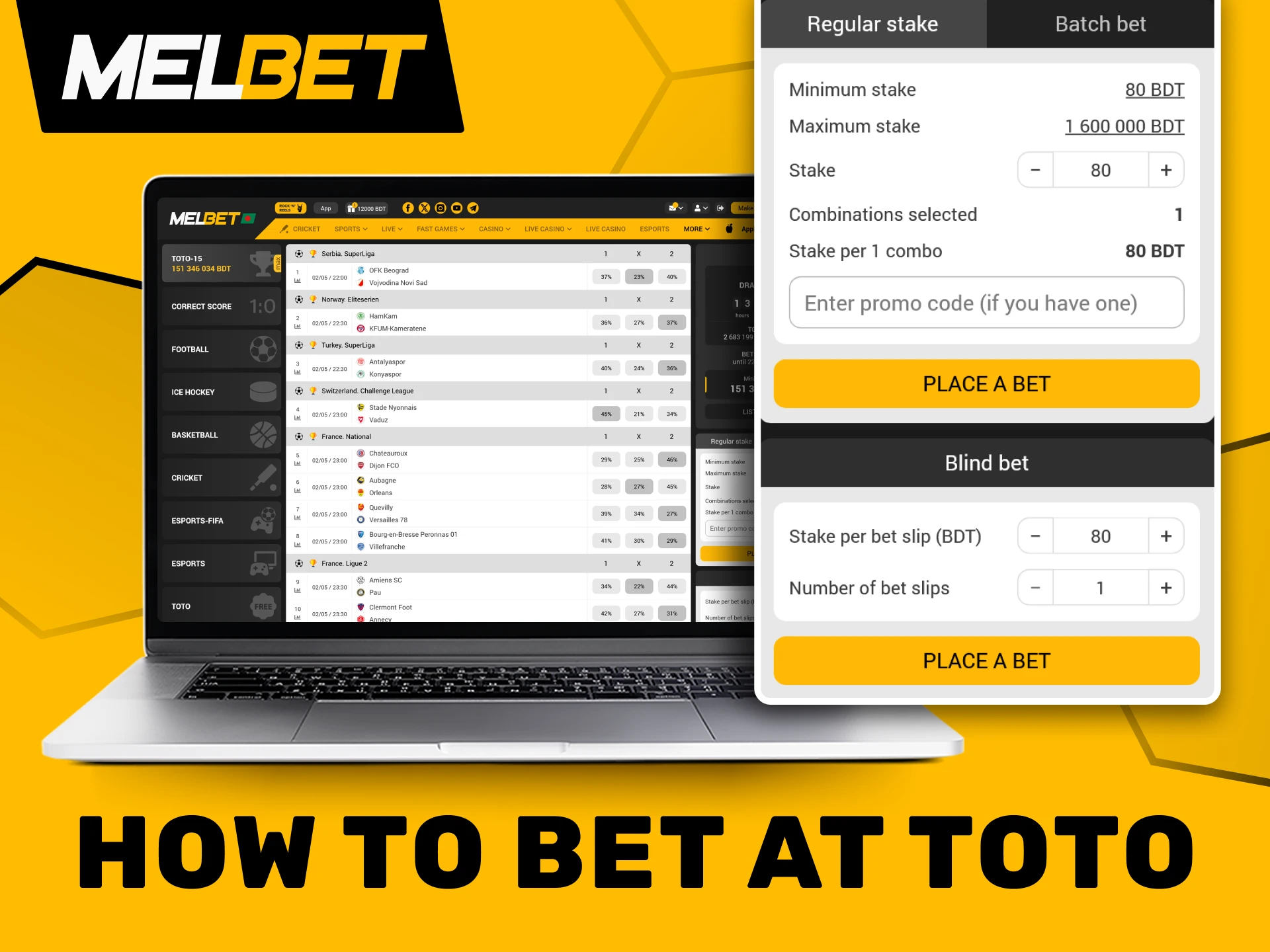 Predict sports match outcomes and place your bets easily at Melbet Toto.