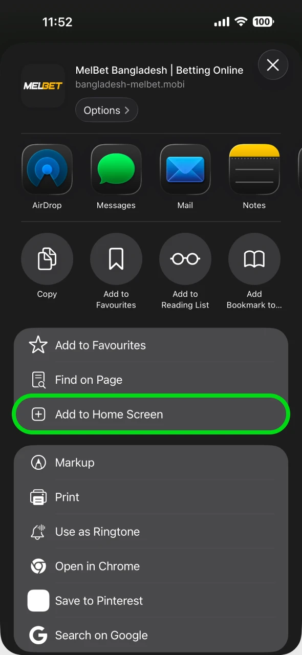 Choose the Add to Home Screen option to add Melbet.